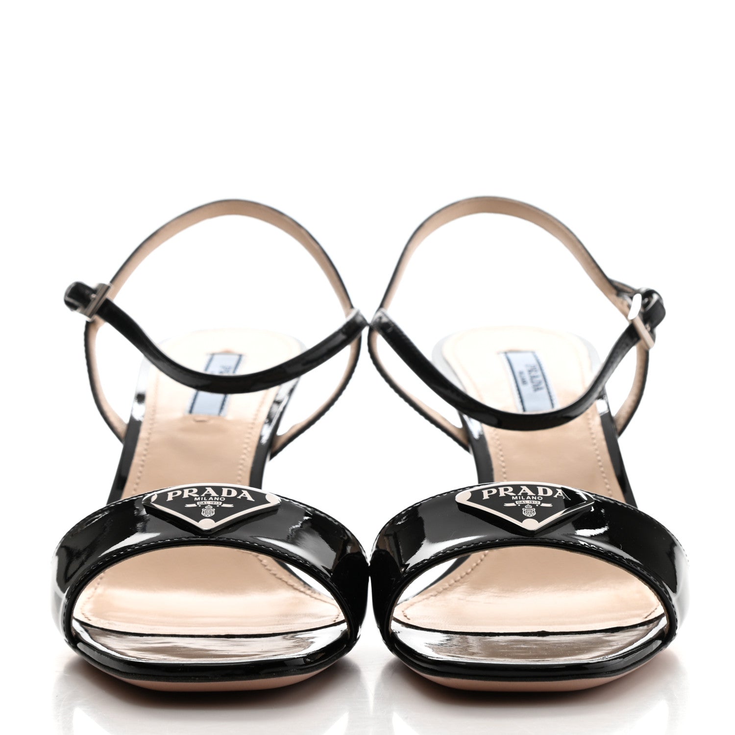 Prada Vernice Metal Triangle Logo Open Toe 65mm Sandals 39.5 Black 2 of 8