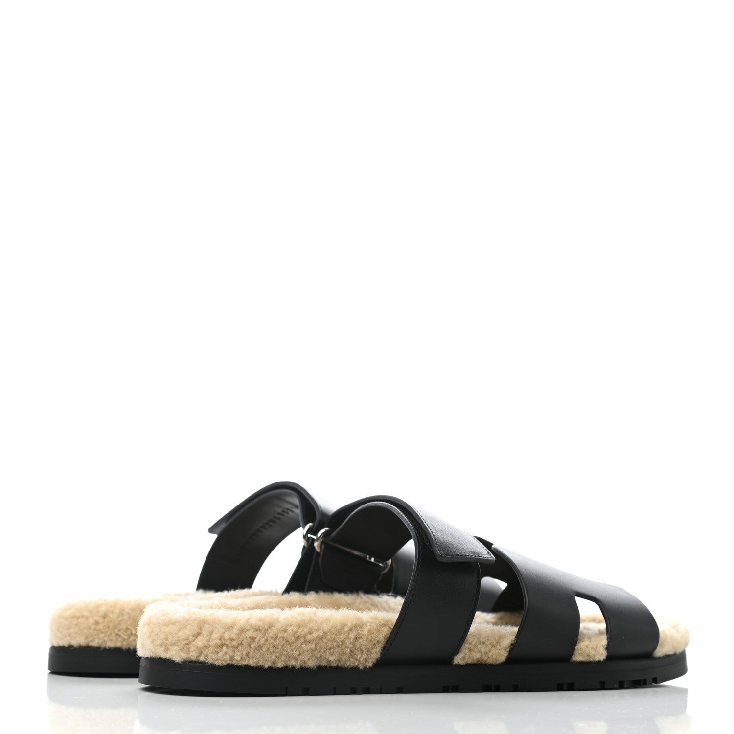 Hermes Veau Indios Woolskin Mens Chypre Sandals 41 Black Ecru 3 of 6