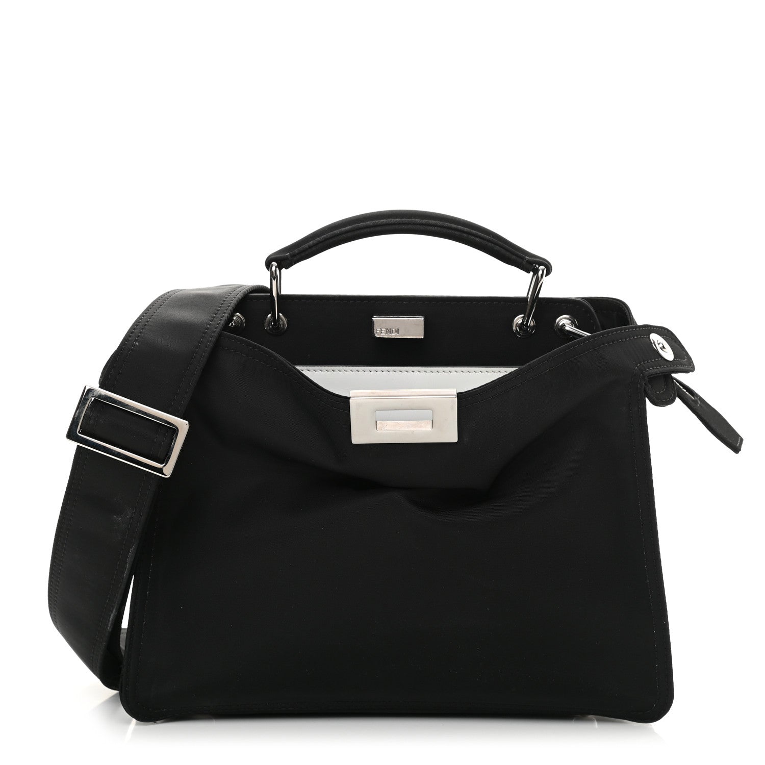 Fendi Nylon Vitello Cover Logo Embossed Mini Peekaboo I SEE U Satchel Black White 1 of 17