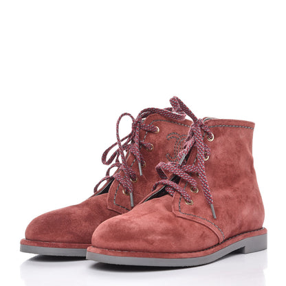 Chanel Suede Calfskin Lace Up Short Boots 37 Burgundy 2 of 12