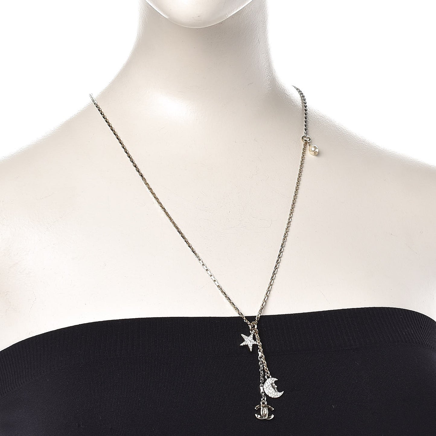Crystal Pearl CC Moon Star Drop Necklace Gold