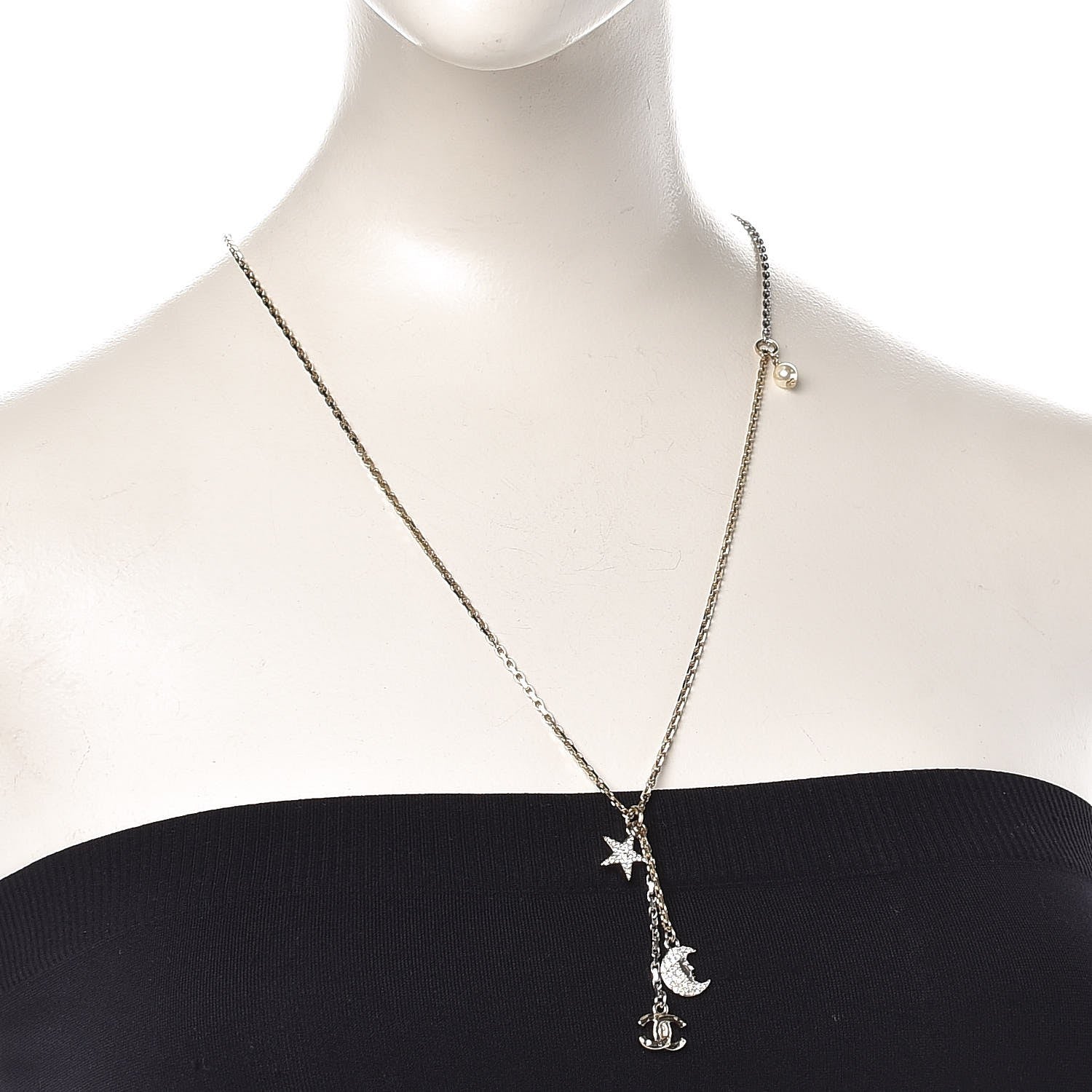 Chanel Crystal Pearl CC Moon Star Drop Necklace Gold 2 of 5