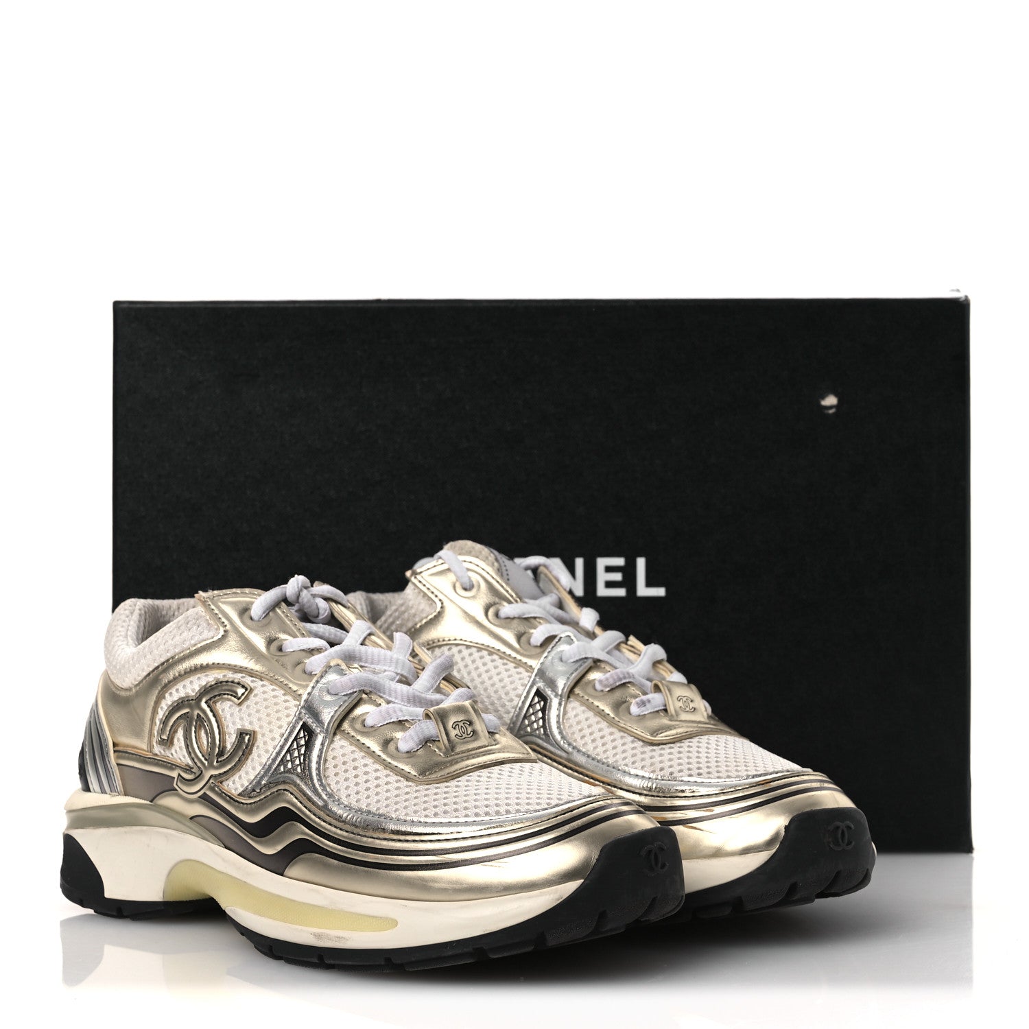Chanel Fabric Laminated Calfskin Stretch CC Sneakers 37 White Gold Silver 18 of 18