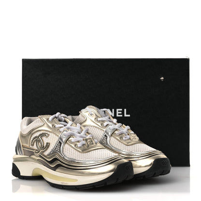Chanel Fabric Laminated Calfskin Stretch CC Sneakers 37 White Gold Silver 18 of 18