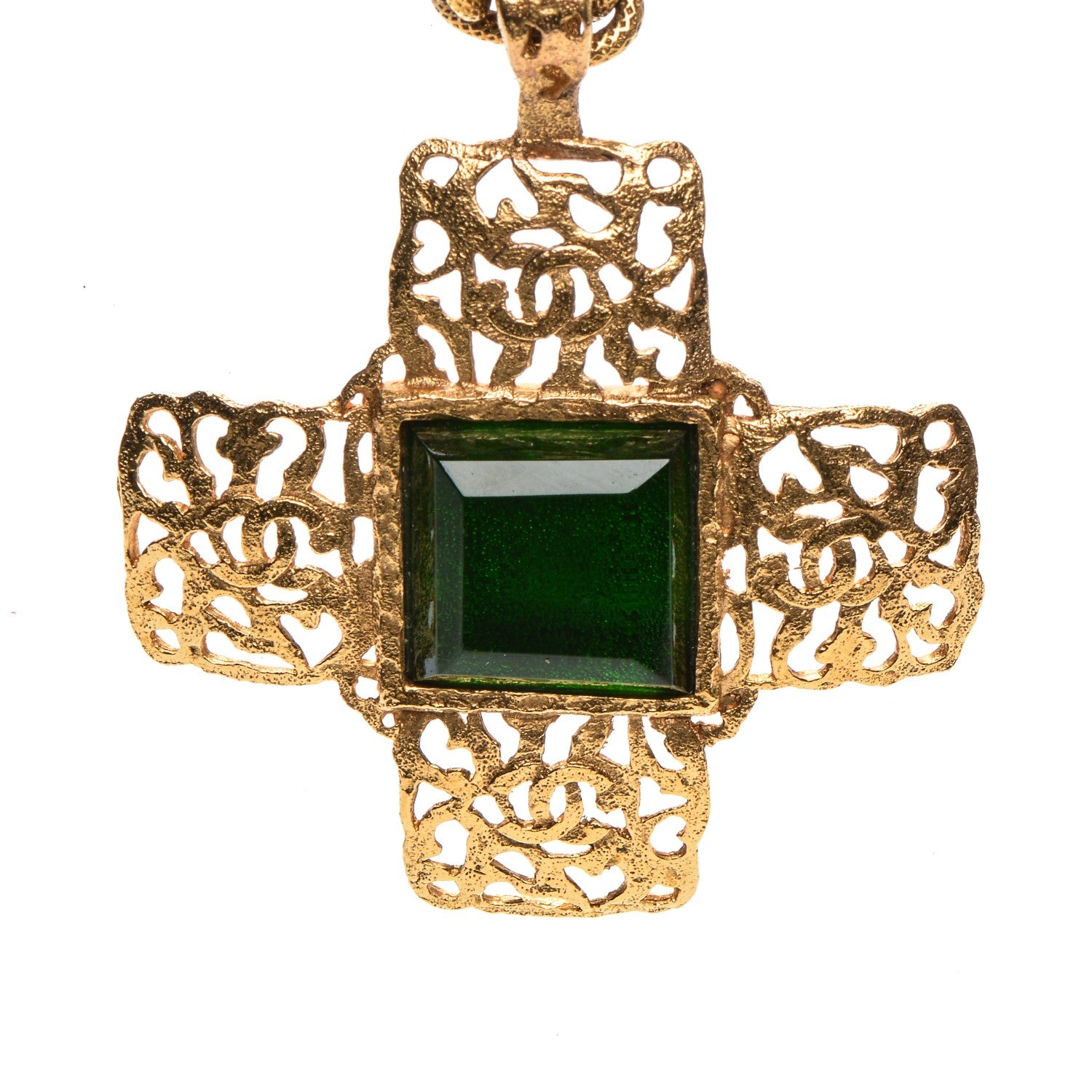 Chanel Gripoix CC Cross Pendant Necklace Green Gold 4 of 6