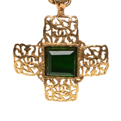 Chanel Gripoix CC Cross Pendant Necklace Green Gold 4 of 6