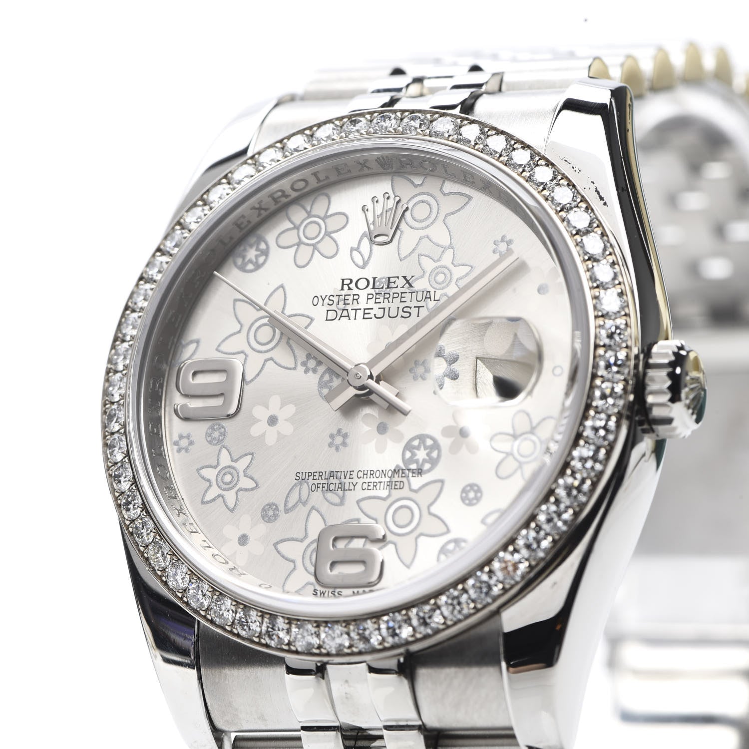 Rolex Stainless Steel 18K White Gold Diamond 36mm Oyster Perpetual Datejust Watch Silver Flowers 118244 7 of 9