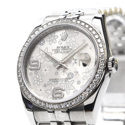 Rolex Stainless Steel 18K White Gold Diamond 36mm Oyster Perpetual Datejust Watch Silver Flowers 118244 7 of 9