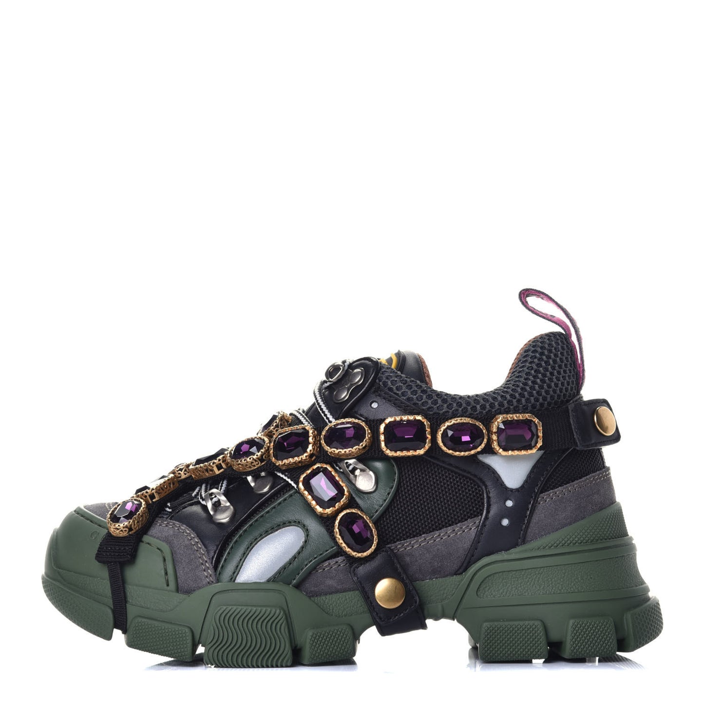 X SEGA Mesh Suede Calfskin Removable Crystals Flashtrek Sneakers 35.5 Loess Black Olive Green