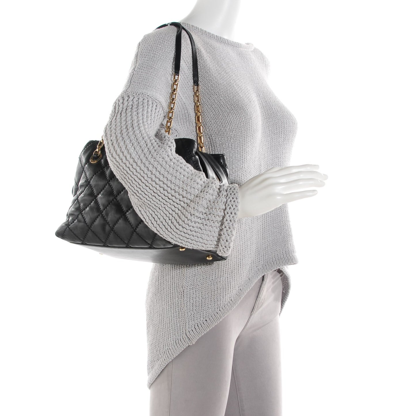 Calfskin Quilted Retro Chain Tote Black