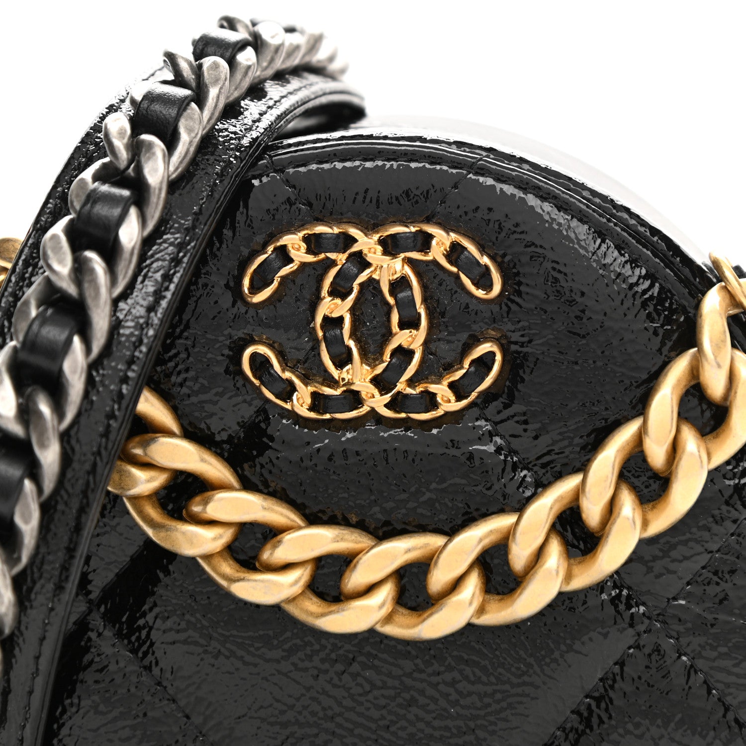 Chanel Shiny Crumpled Calfskin Quilted Chanel 19 Round Clutch With Chain Black 8 of 11