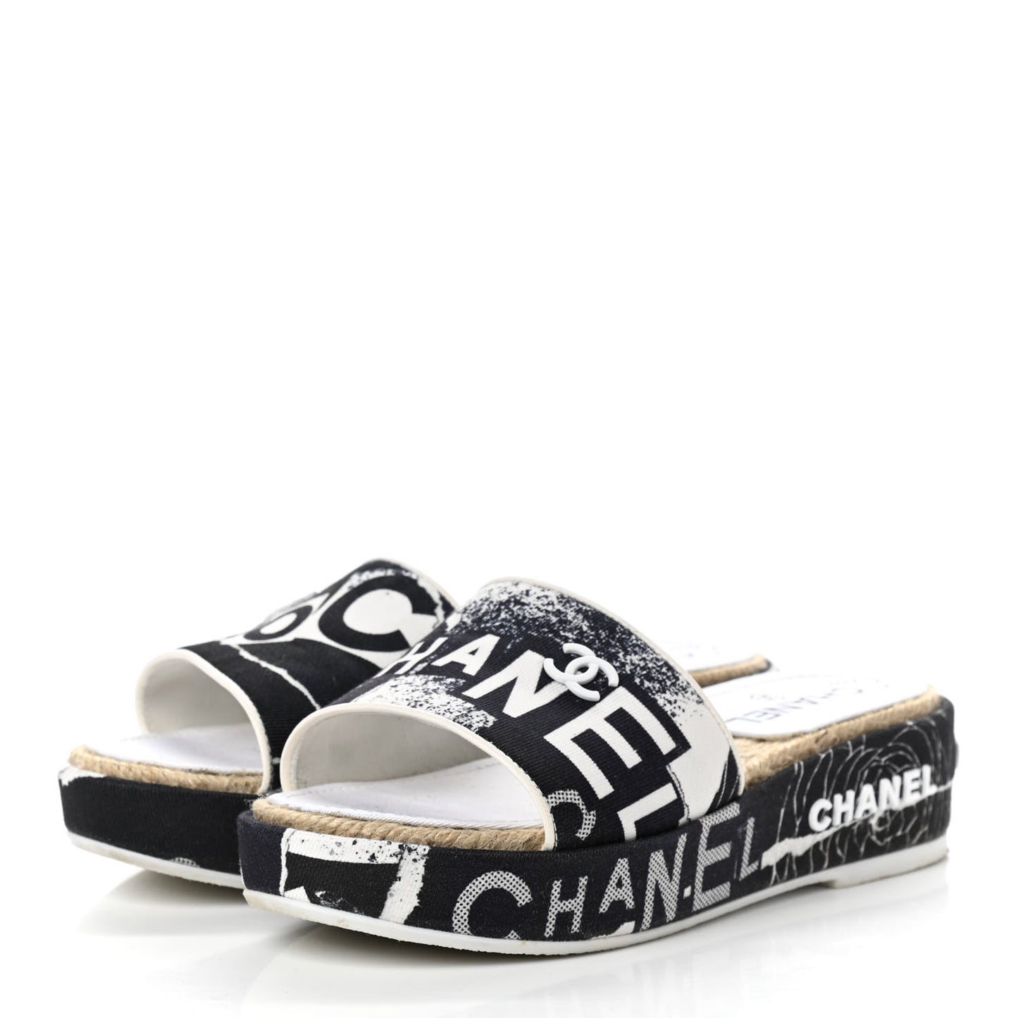 Fabric Grosgrain Printed CC Espadrille Slip On Sandals 35 White Black