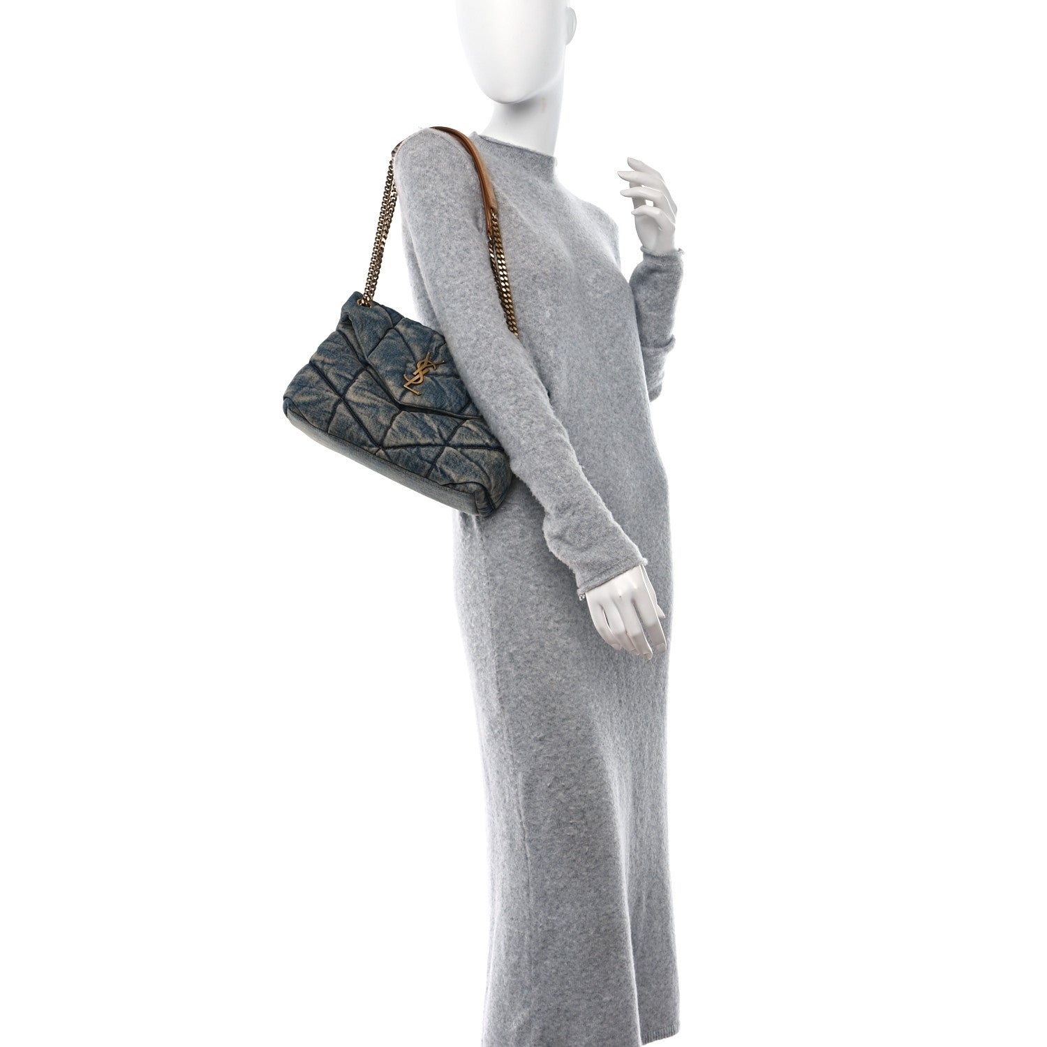 Saint Laurent Denim Quilted Small Loulou Puffer Monogram Chain Satchel Blue Cinnamon 2 of 10