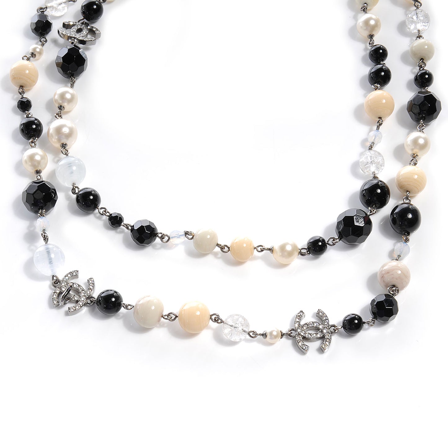 Pearl Crystal CC Beaded Long Necklace Silver
