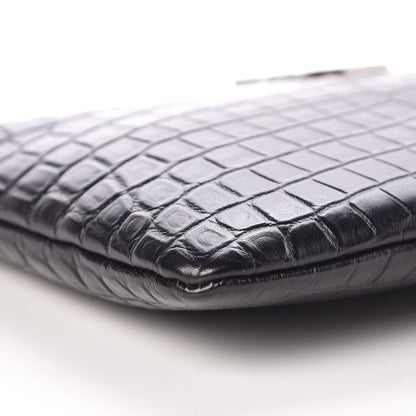 Saint Laurent Calfskin Crocodile Embossed Monogram Zip Pouch Black 8 of 9