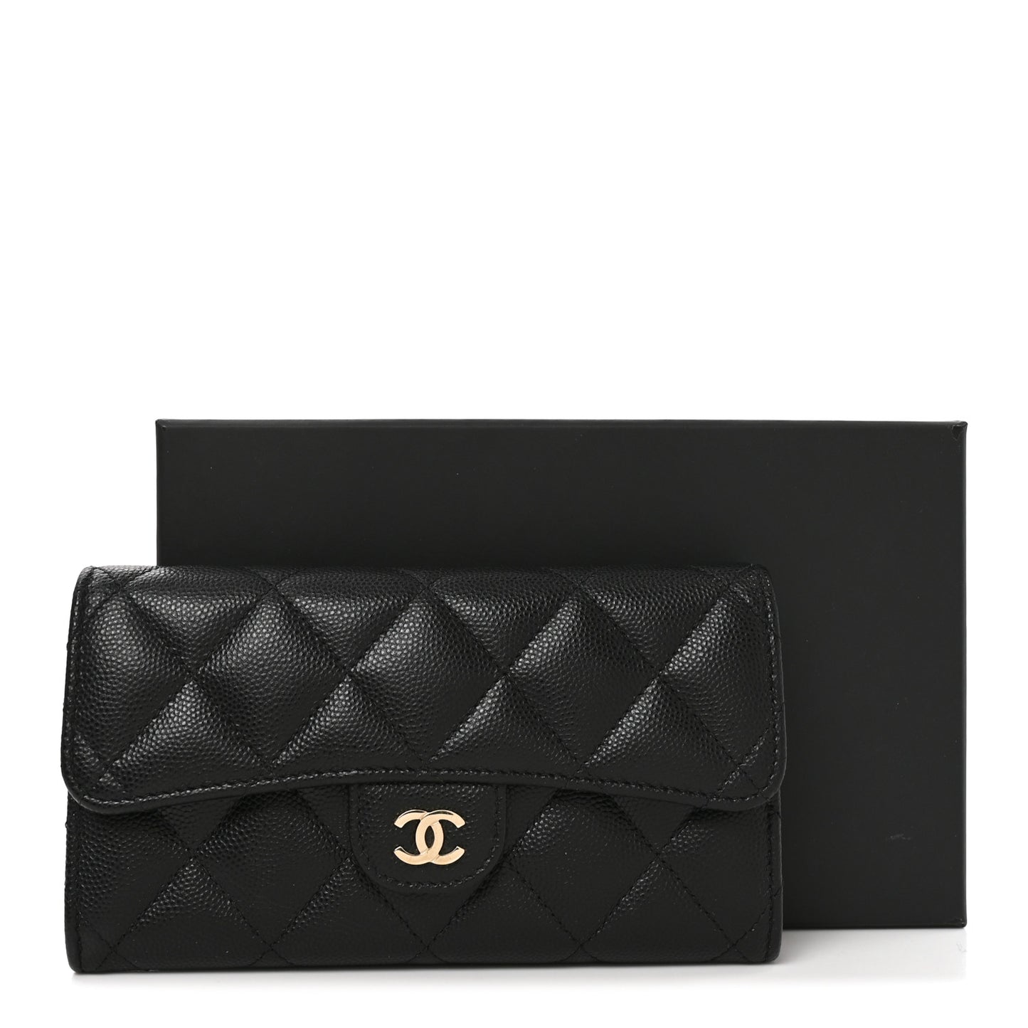 Caviar Quilted Medium Gusset Flap Wallet Black