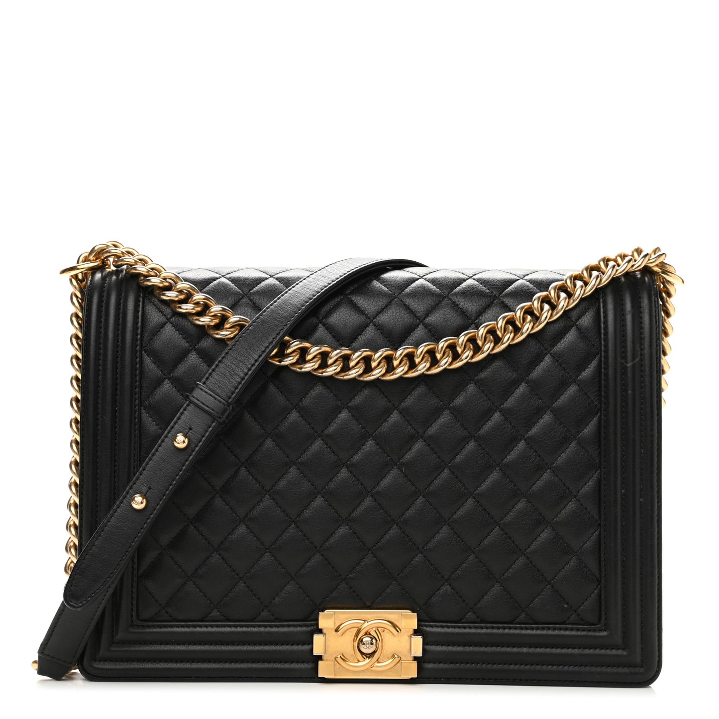 Calfskin Quilted Large Boy Flap Black