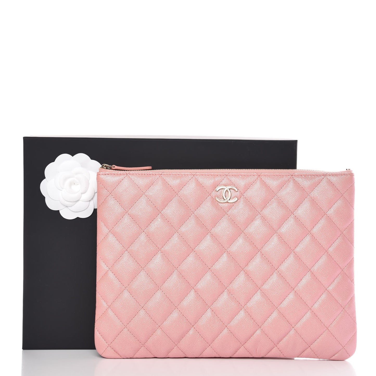 Iridescent Caviar Quilted Medium Cosmetic Case Rose Pink