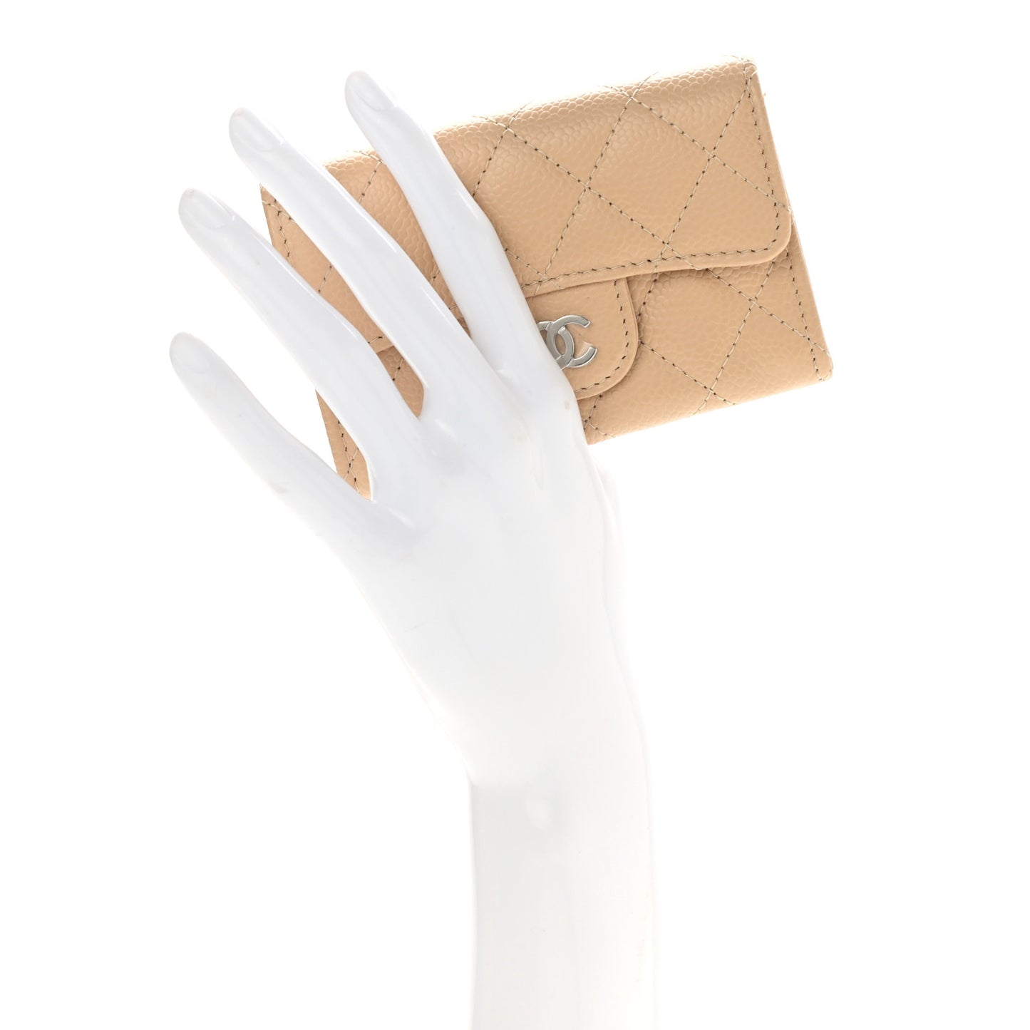 Caviar Quilted Flap Card Holder Wallet Beige