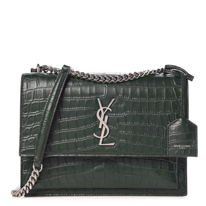 Saint Laurent Calfskin Crocodile Embossed Medium Monogram Sunset Dark Green 1 of 9