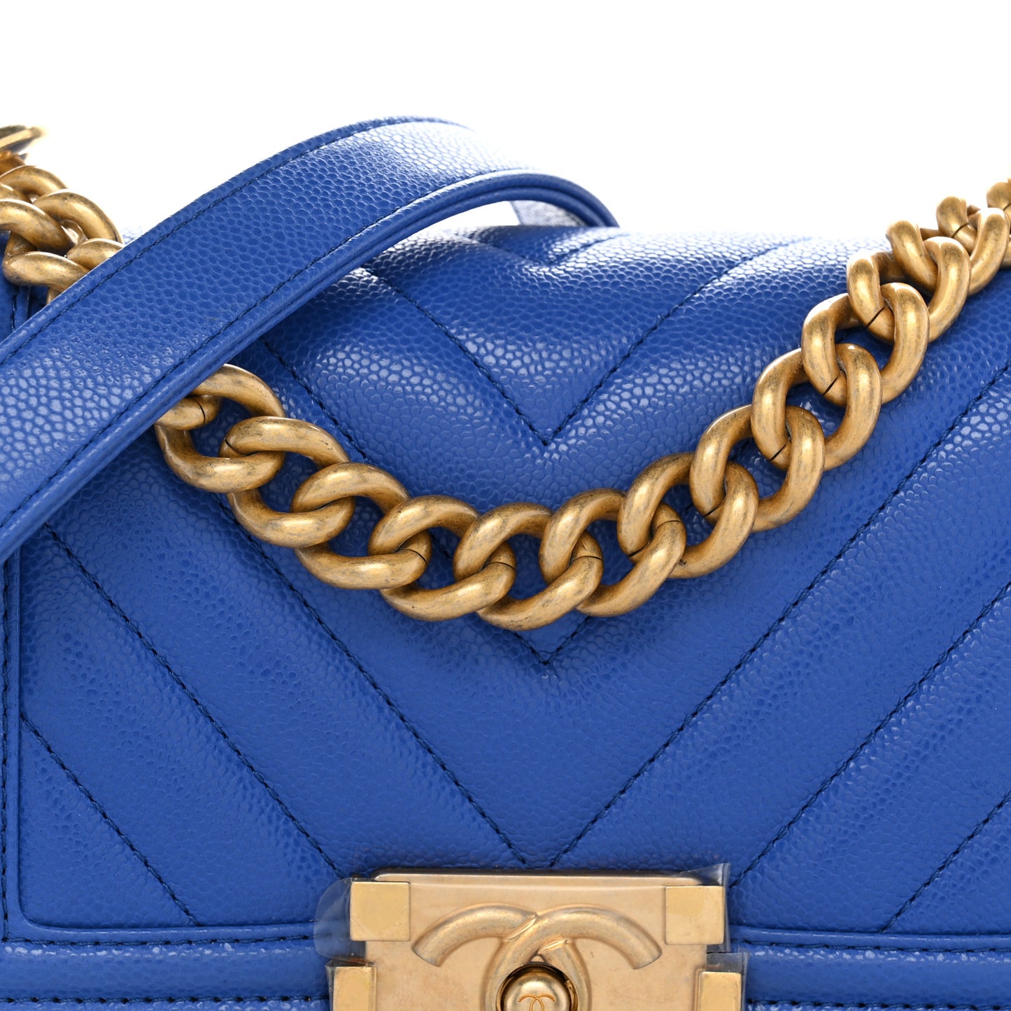 Caviar Chevron Quilted Small Boy Flap Blue