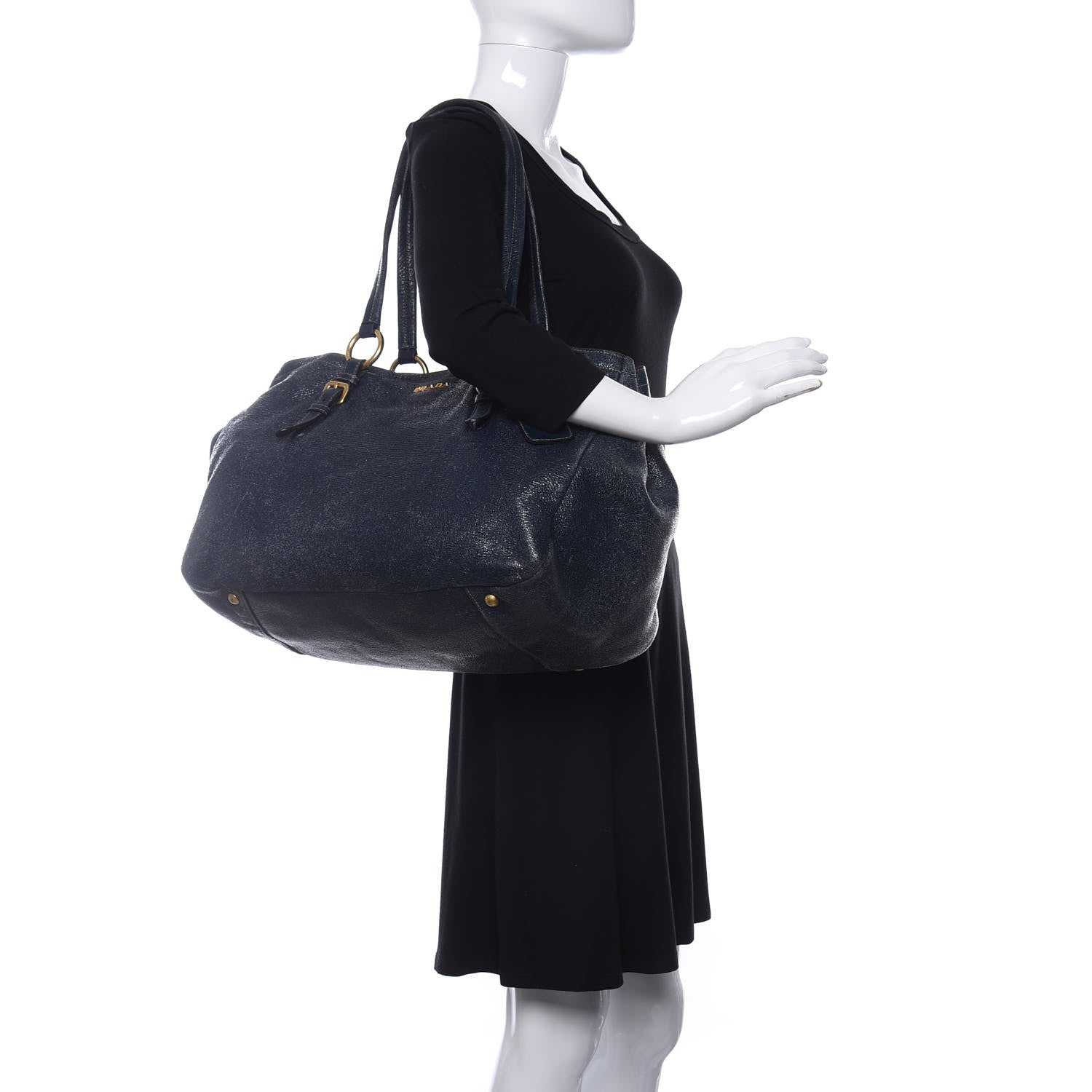 Prada Metallic Vitello Daino Tote Dark Blue 2 of 10