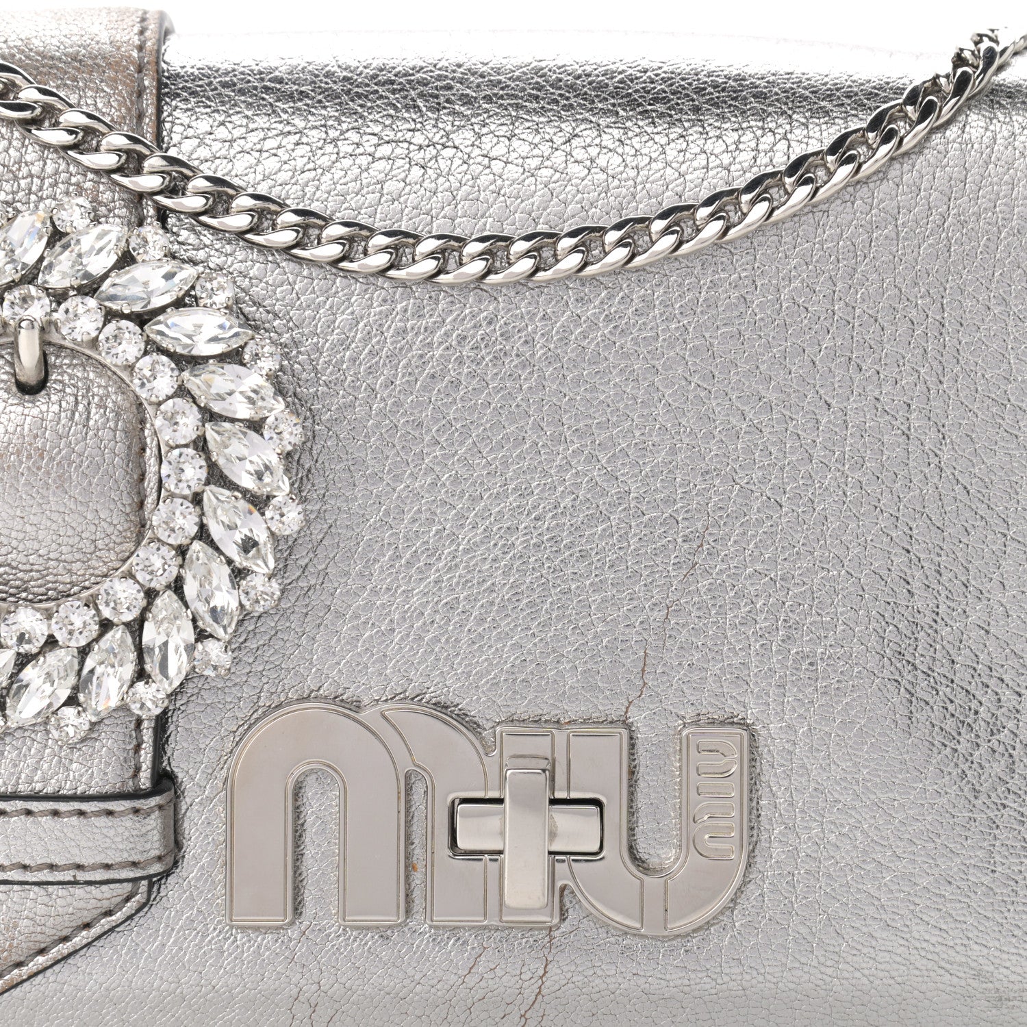Miu Miu Metallic Goatskin Madras Crystal Embellished Shoulder Bag Cromo 7 of 12
