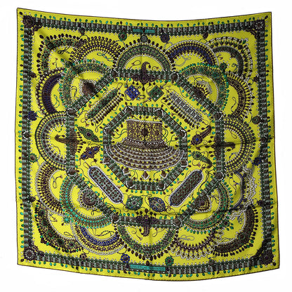 Hermes Silk Parures Des Maharajas Scarf 90 Jaune Fluo Vert Violet 2 of 8