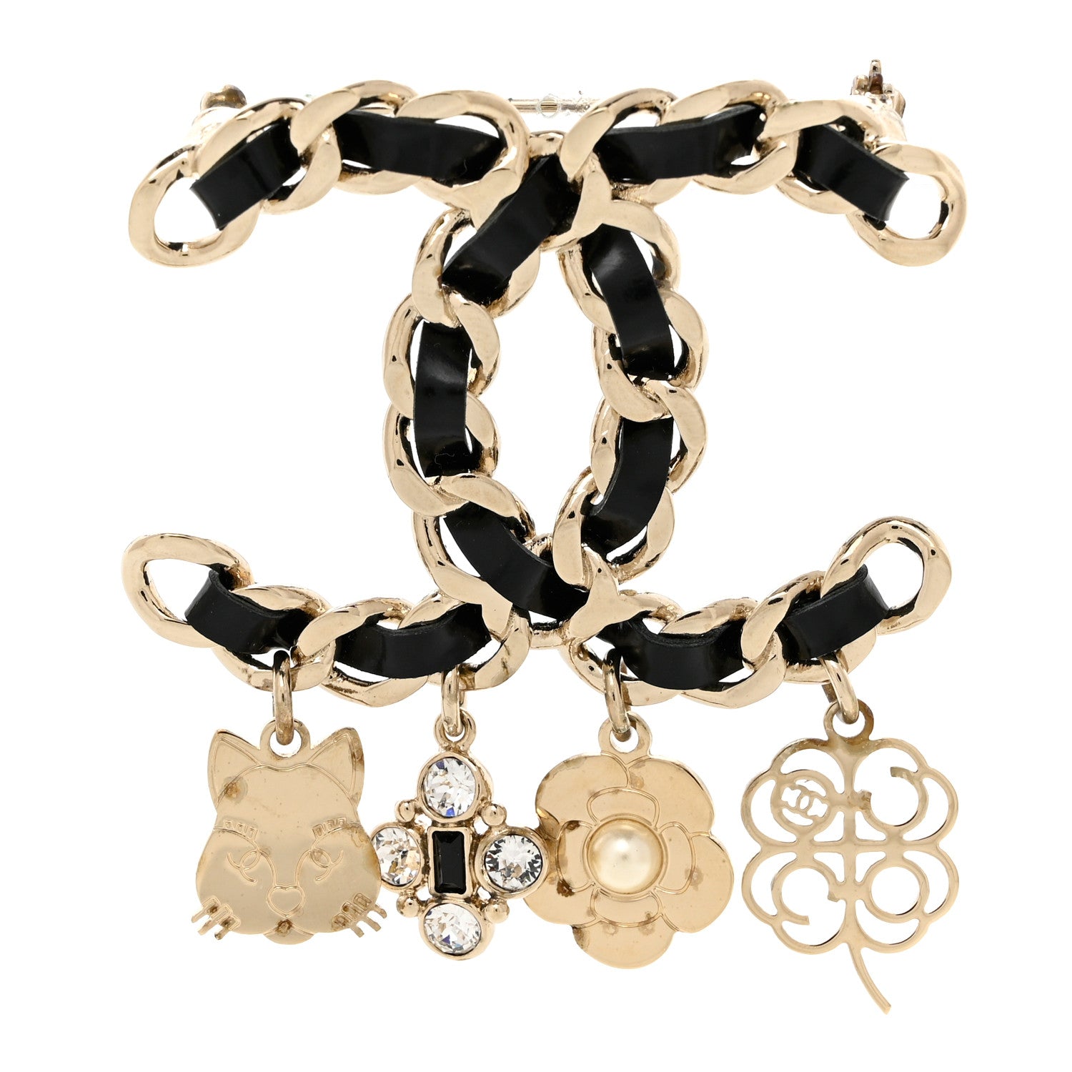 Chanel Lambskin Crystal Chain CC Charms Brooch Black Gold 1 of 5