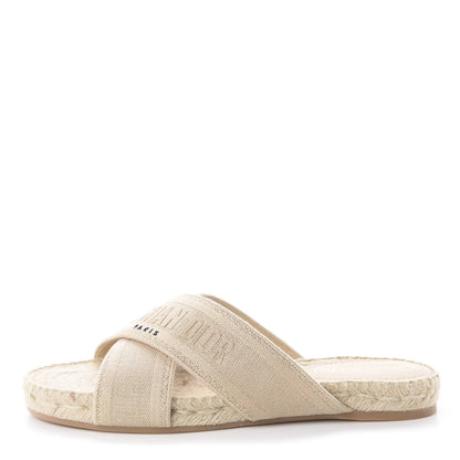 Christian Dior Canvas Embroidered Granville Espadrille Crisscross Flat Slide Sandals 37.5 Cream 1 of 7