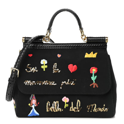 Dolce & Gabbana Neoprene Watersnake Embellished Medium Miss Sicily Satchel Black Multicolor 1 of 11