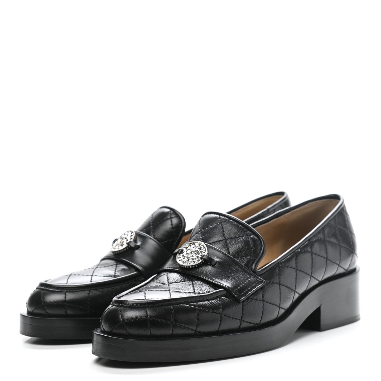 Calfskin Stitched CC Loafers 35.5 Black