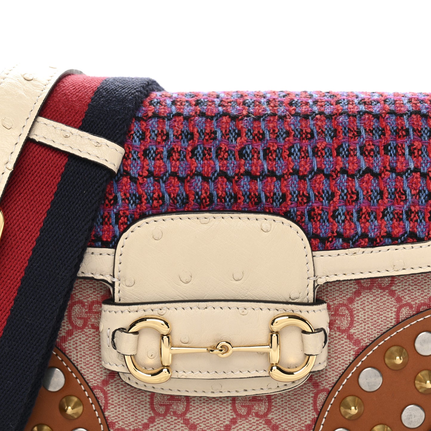 Ostrich Tweed GG Supreme Monogram Studded Web Mini Horsebit 1955 Shoulder Bag Multicolor