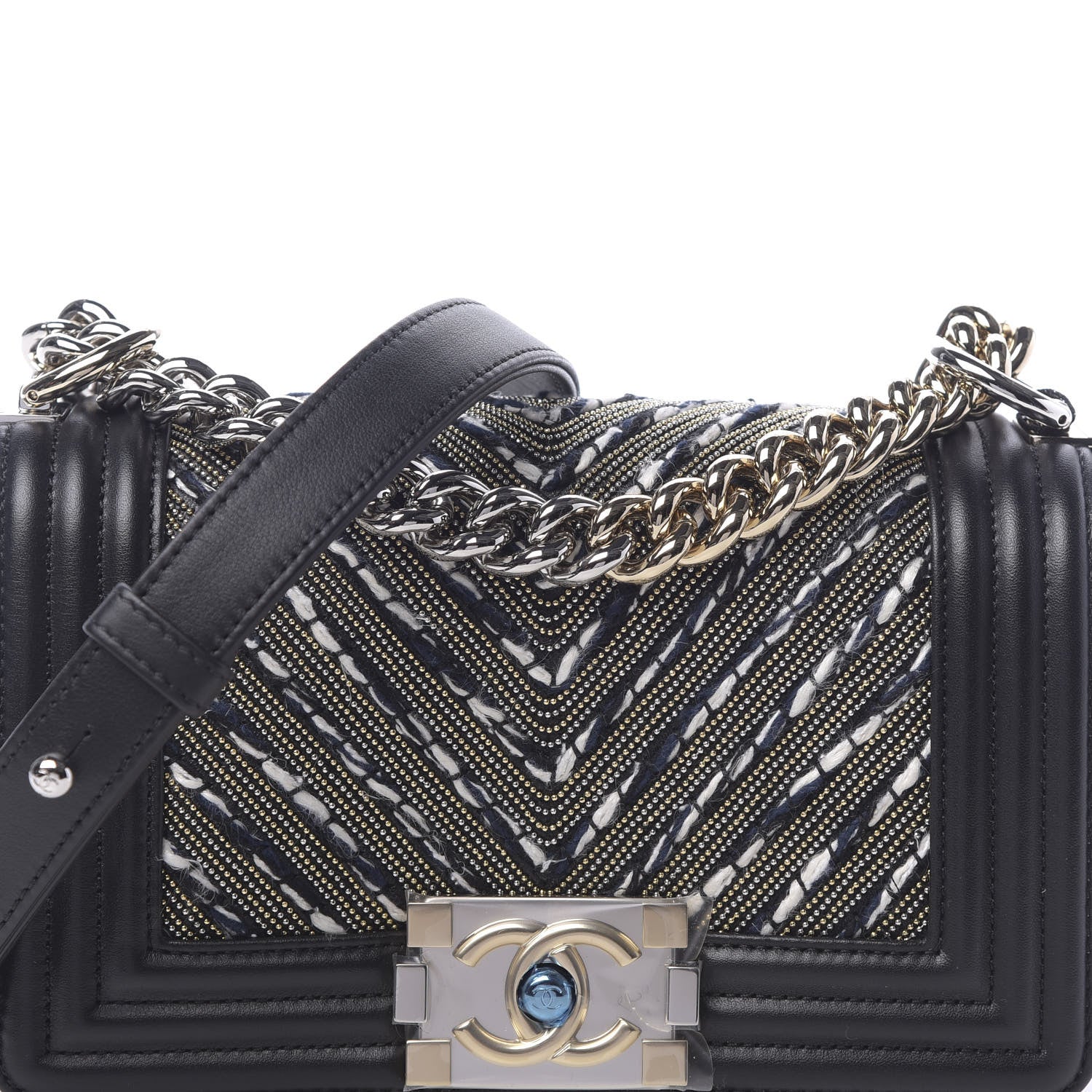 Chanel Calfskin Tweed Chain Chevron Small Boy Flap Black 8 of 11