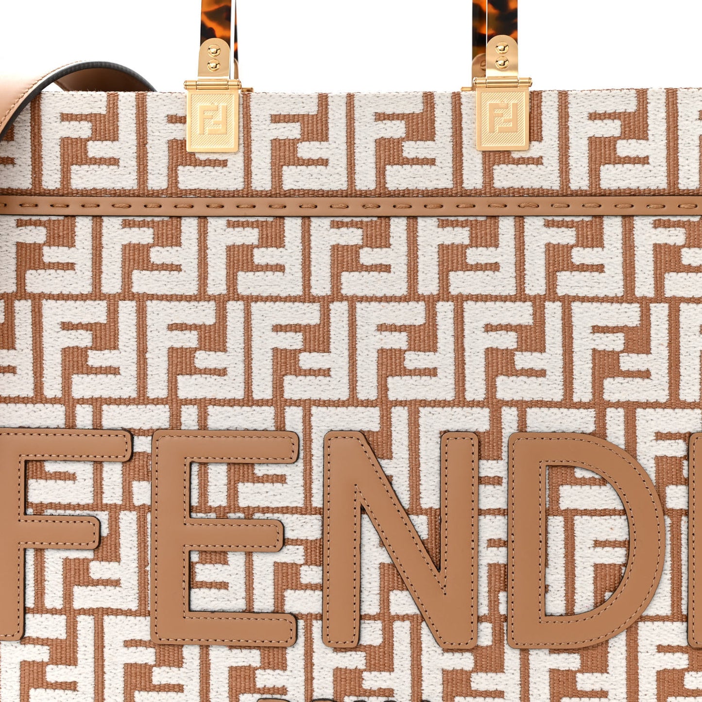 Woven Fabric Calfskin FF Medium Fendi Sunshine Shopper Tote Natural White Dark Honey