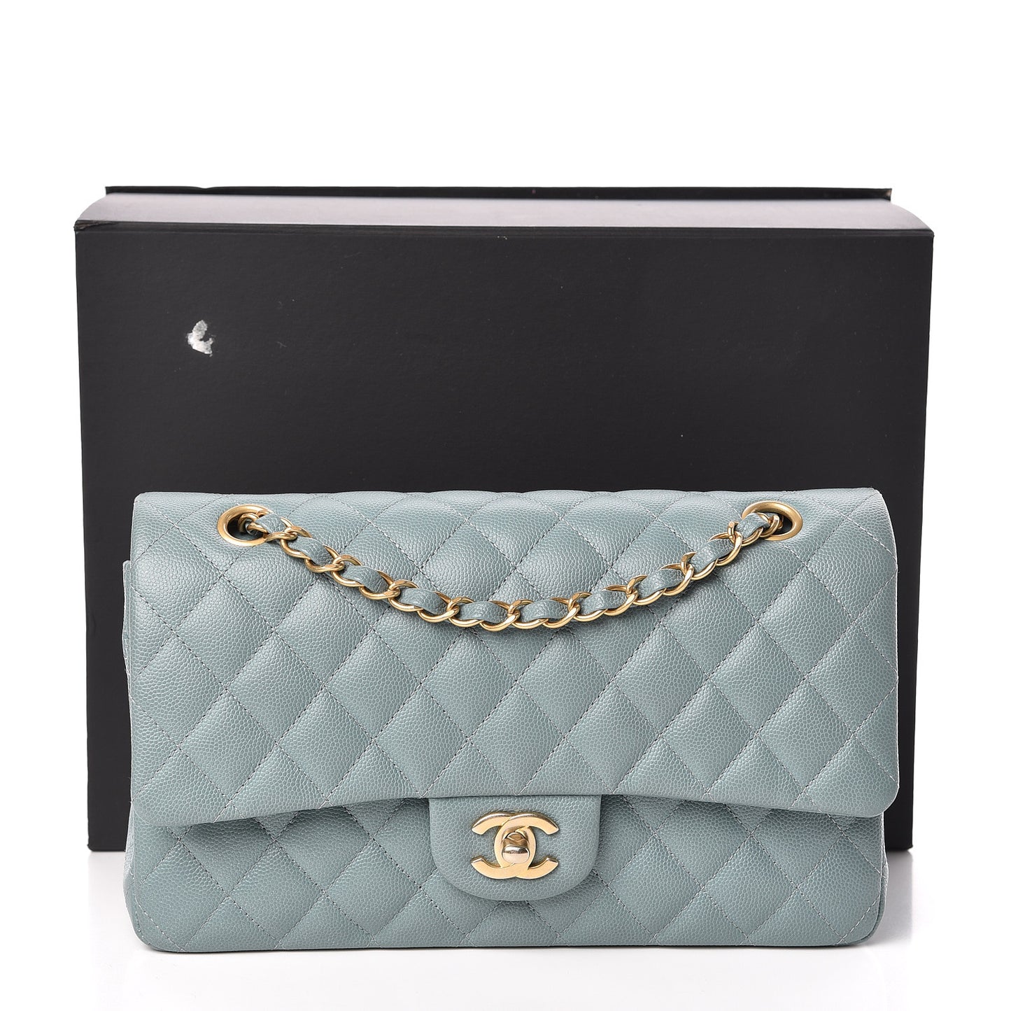 Iridescent Caviar Quilted Medium Double Flap Light Blue