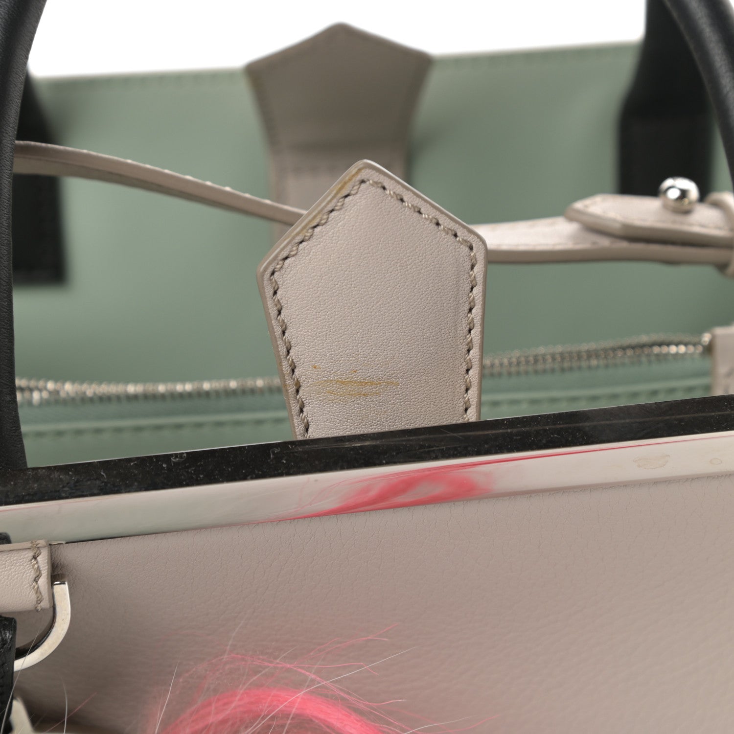 Fendi Vitello Dolce Fox Goat Bi-Color Sad Eyes Mirror Charm Petite 2Jours Tote Grigio Polvere Black 16 of 16