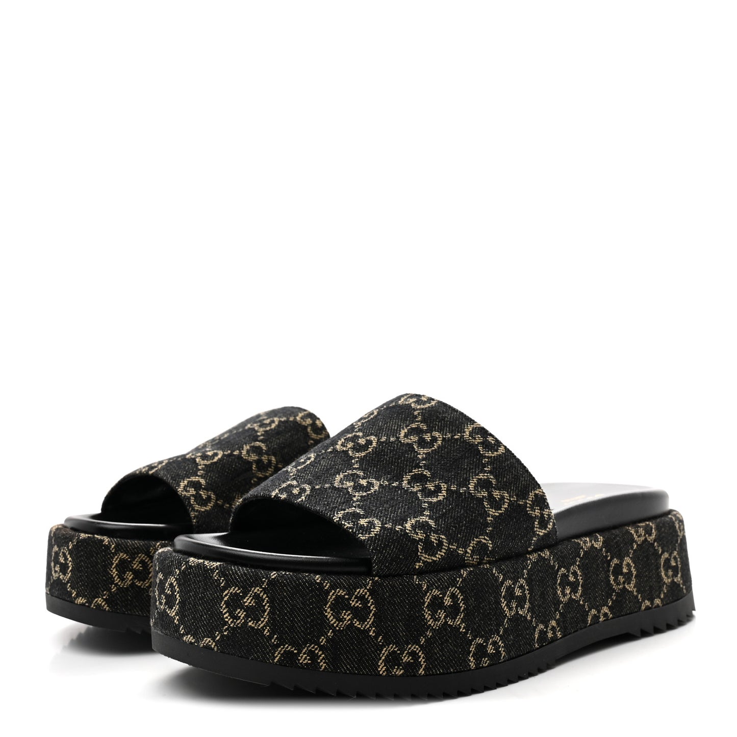 Jacquard Black Denim GG Monogram Angelina Platform 55mm Slide Sandals 38.5 Black Ivory