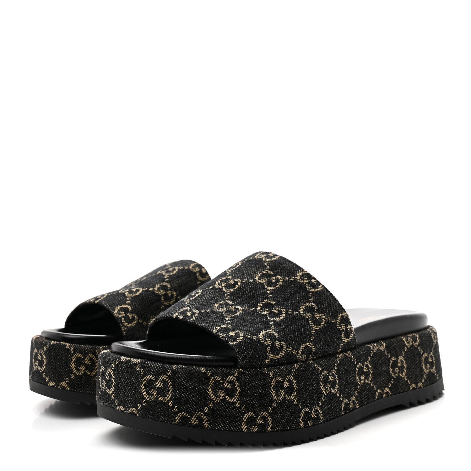Gucci Jacquard Black Denim GG Monogram Angelina Platform 55mm Slide Sandals 38.5 Black Ivory 4 of 10