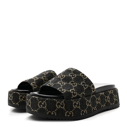 Gucci Jacquard Black Denim GG Monogram Angelina Platform 55mm Slide Sandals 38.5 Black Ivory 4 of 10