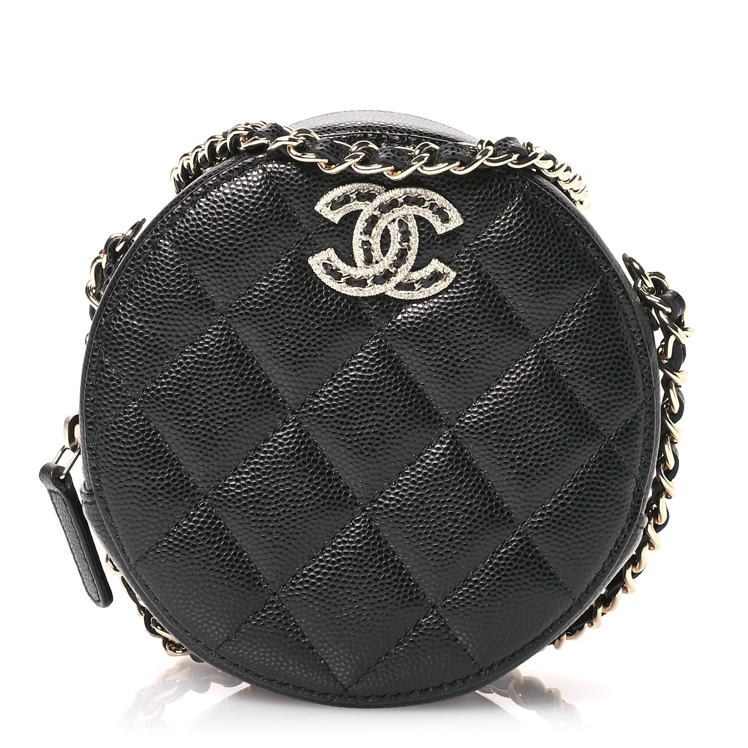 Chanel Caviar Quilted Crystal CC Round Clutch With Chain Black 1 of 11