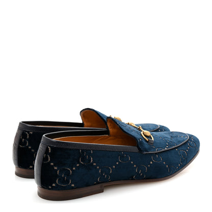 Gucci Velvet GG Monogram Horsebit Mens Jordaan Loafers 9 Blue Beige 4 of 9