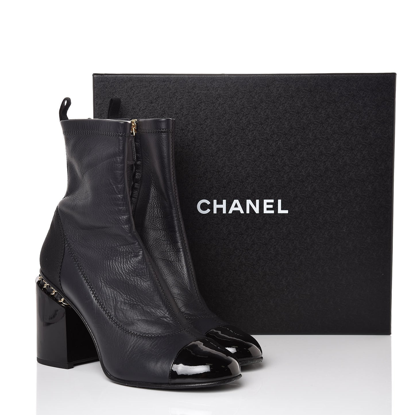 Calfskin Patent CC Cap Toe Chain Ankle Boots 39.5 Navy Black