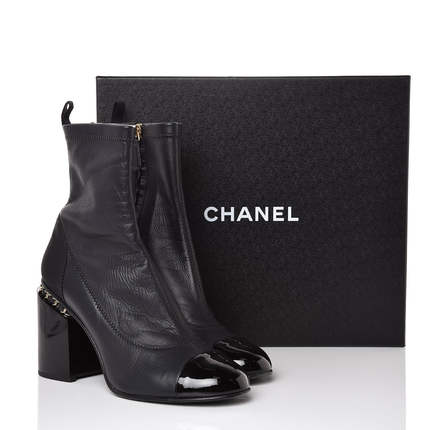 Chanel Calfskin Patent CC Cap Toe Chain Ankle Boots 39.5 Navy Black 9 of 9