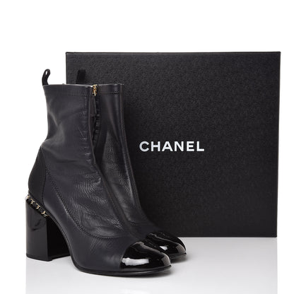 Chanel Calfskin Patent CC Cap Toe Chain Ankle Boots 39.5 Navy Black 9 of 9