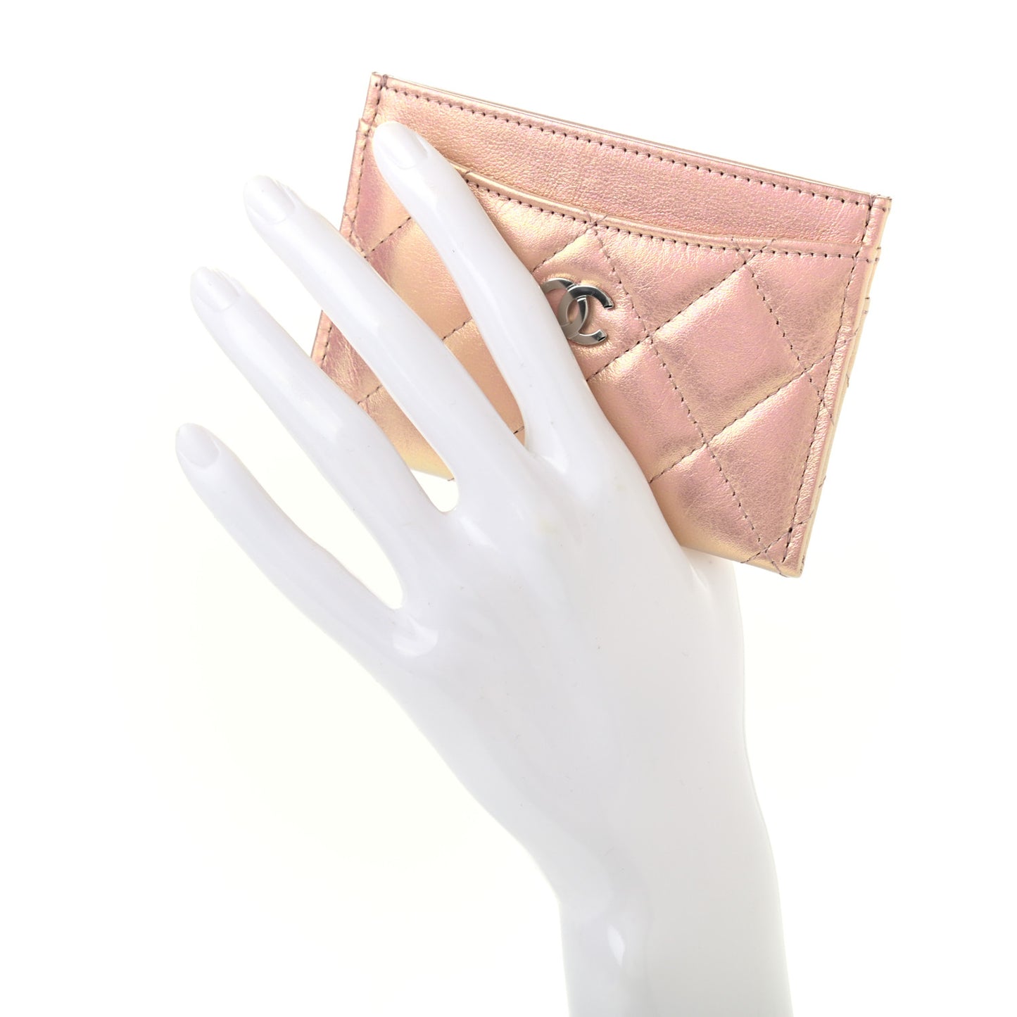 Iridescent Calfskin Quilted Card Holder Pink