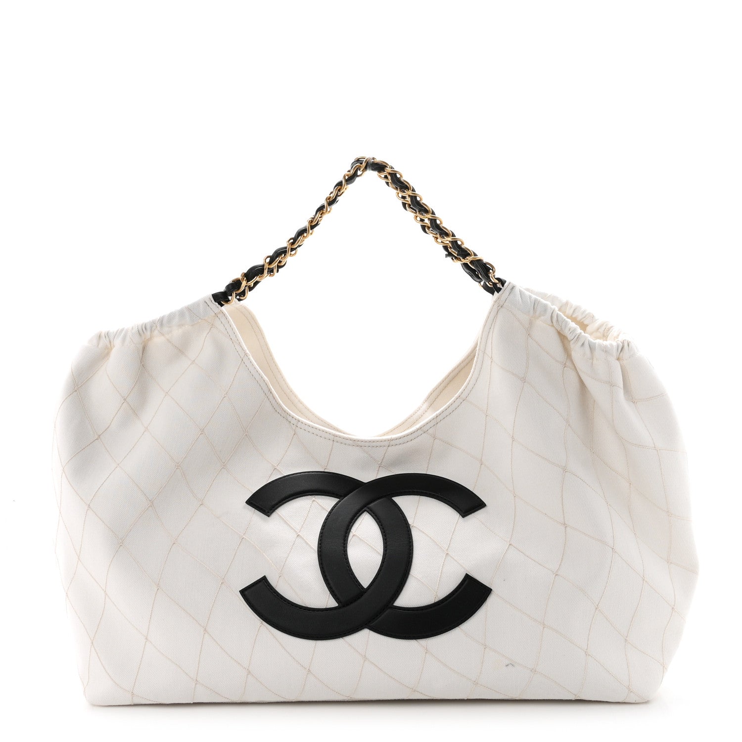 Chanel Denim Calfskin Quilted Coco Beach Small Shopping Tote White Black 1 of 11