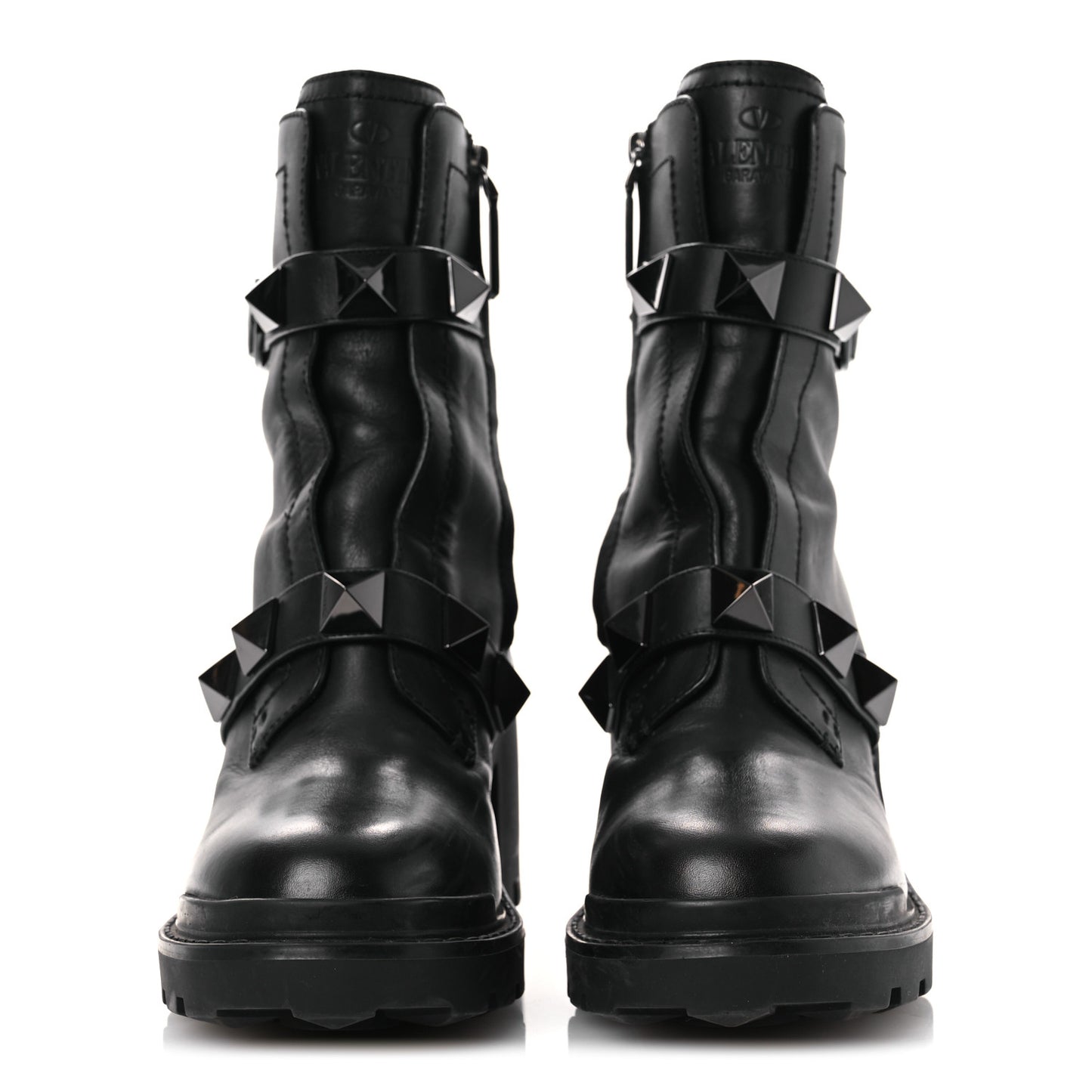 Calfskin Tonal Roman Stud Combat Boots 39 Black