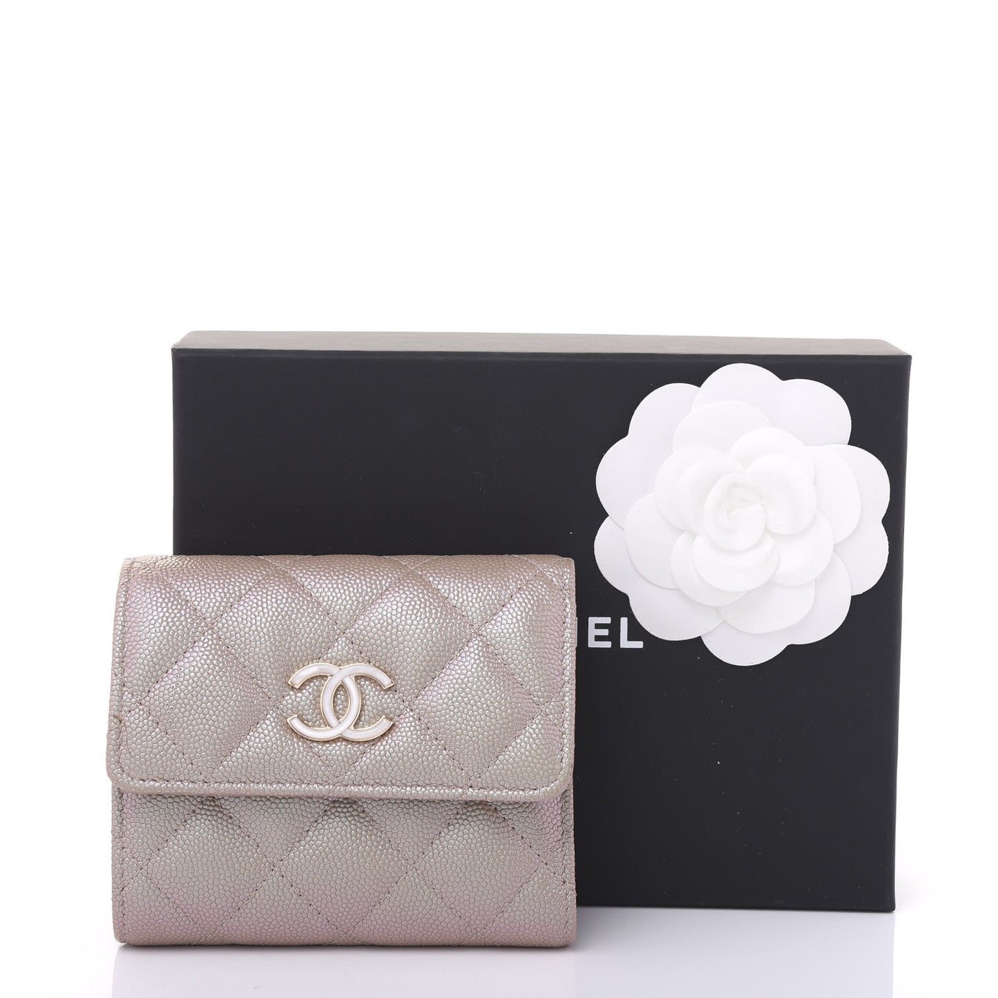 Iridescent Caviar Quilted Small Flap Wallet Beige