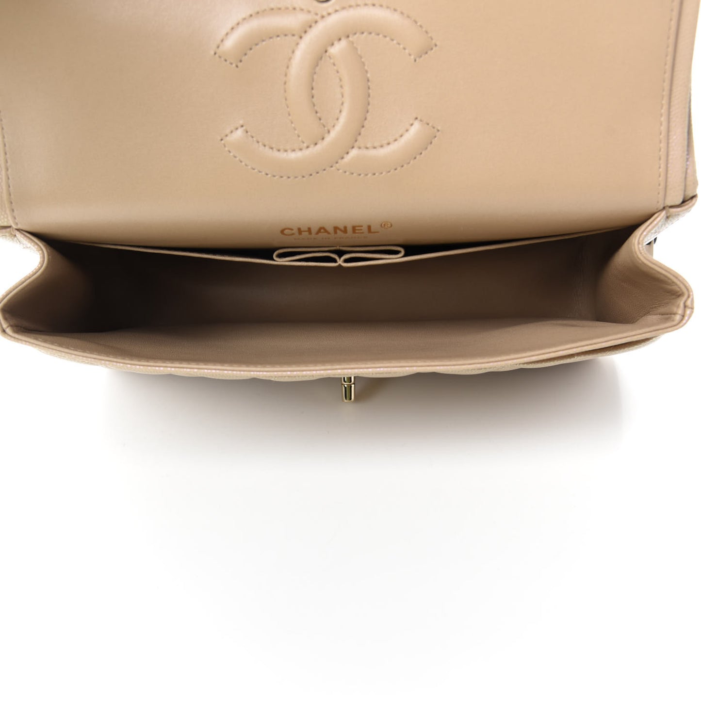 Iridescent Caviar Quilted Medium Double Flap Dark Beige